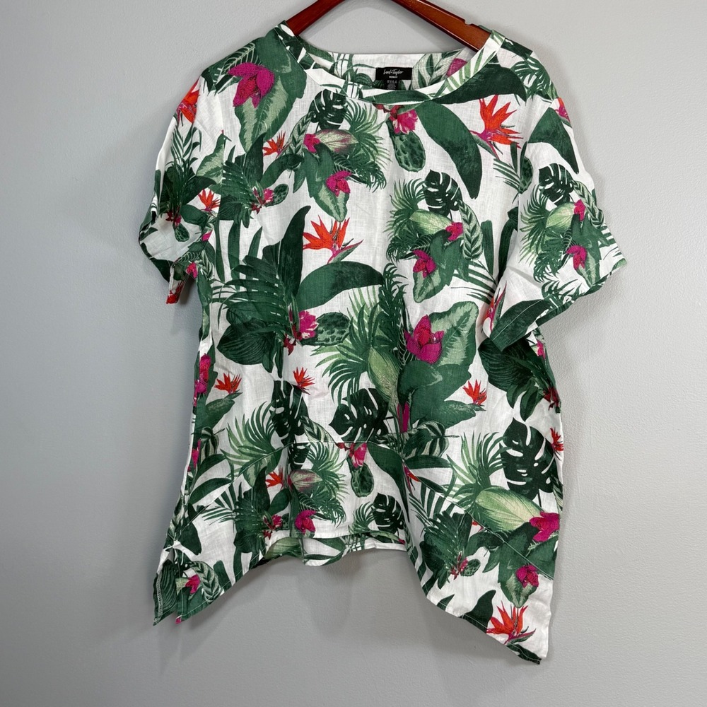 Lord & Taylor Woman 100% Linen Tropical Floral‎ Sharkbite Hem Top Green Pink 2X